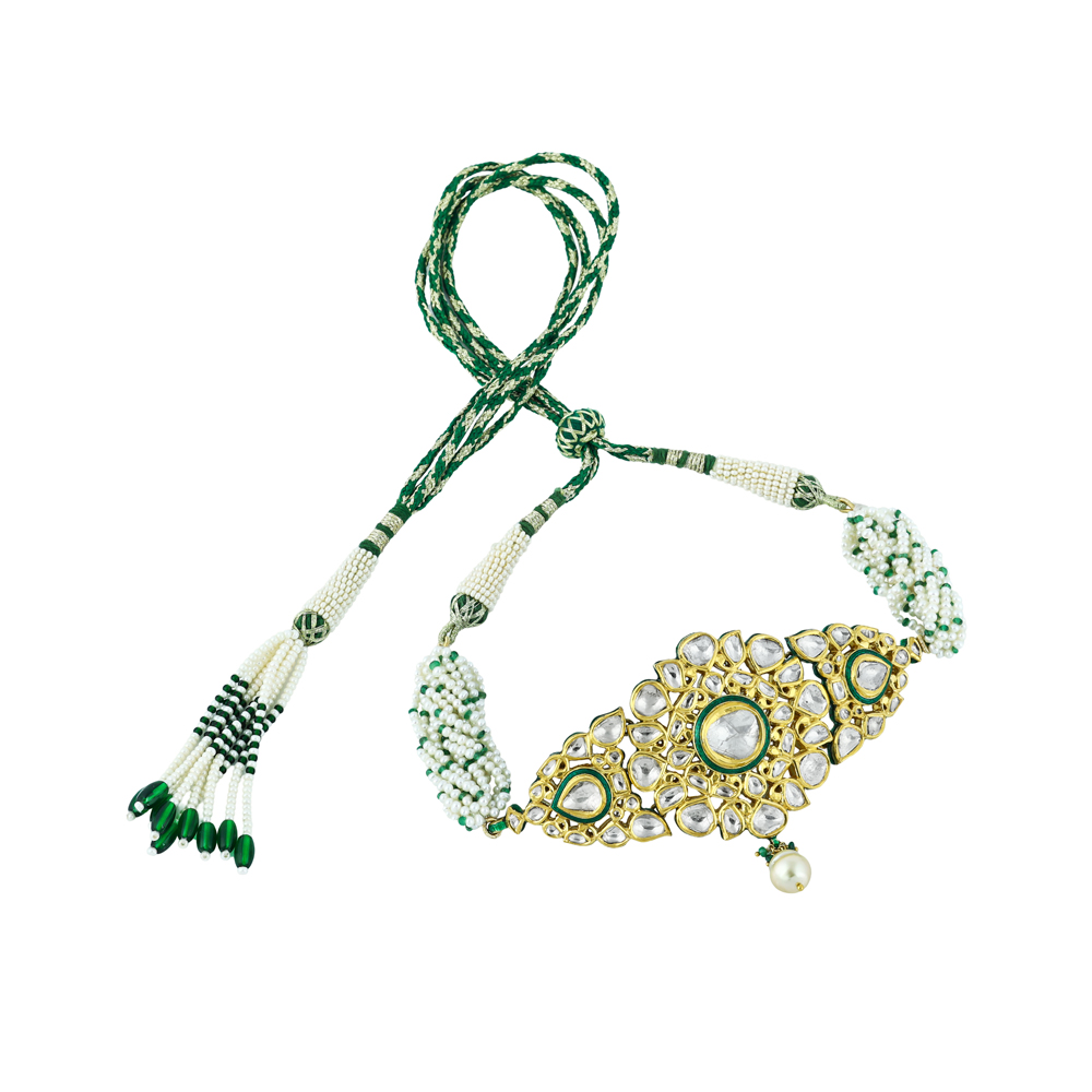 Floral Polki Choker with Green Enamel & Pearl Strands